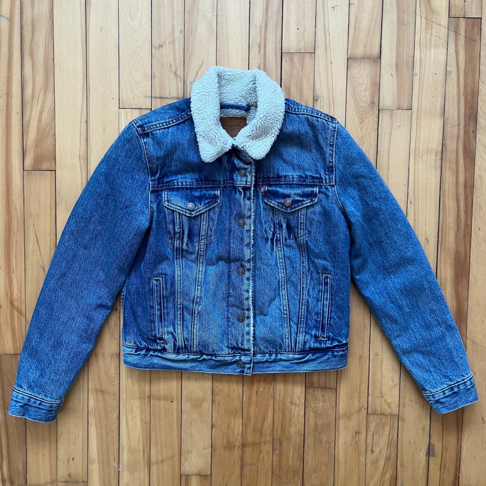 Levis Sherpa Lined Trucker Jacket Medium Wash Denim Blue Mens Size S - Picture 5 of 16